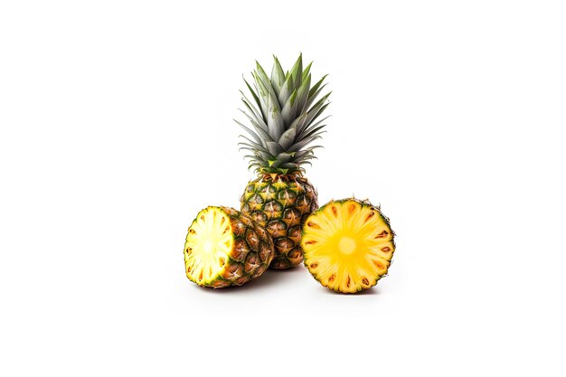 Fresh ripe whole and sliced pineapples isolated on white background