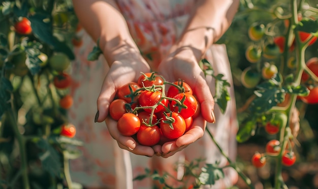 Photo fresh ripped tomatoes from garden in hands woman gardener hobby and leisure cultivating organic food