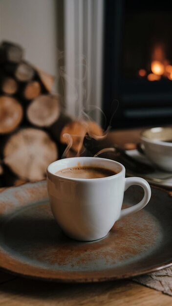 Fresh roast coffee steaming cup rusty metal plate