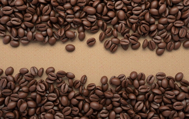 Fresh roasted coffee beans frame 3d rendering background Masses of coffee beans close up Top view