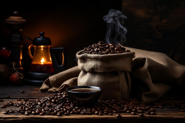 Fresh Roasted Coffee Beans and Steaming Cup AI