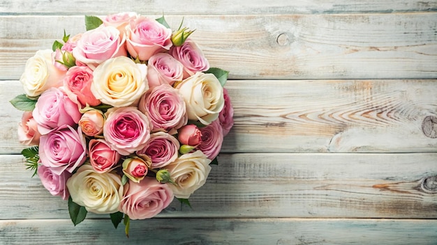 Fresh rose flowers Rose fresh flowers with leaves frame on table from above with copy space flat lay top view scene