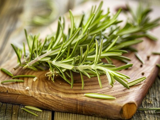 Fresh rosemary sprigs on wooden board