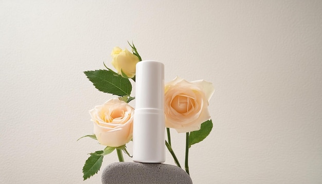 Fresh Roses Arranged Around a Gray Stone Slab with an Unlabeled Cosmetic Bottle on White Background