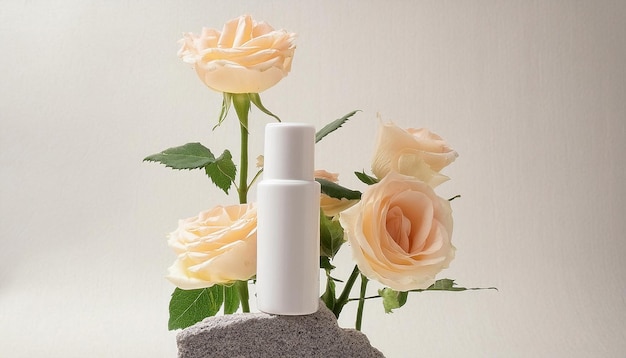 Fresh Roses Arranged Around a Gray Stone Slab with an Unlabeled Cosmetic Bottle on White Background