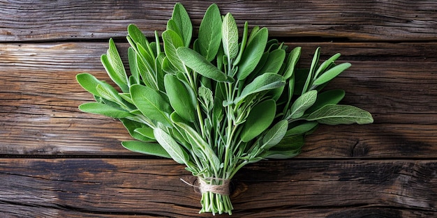 Fresh sage on old wooden background Aromatic bunch of sage Gardening herbs