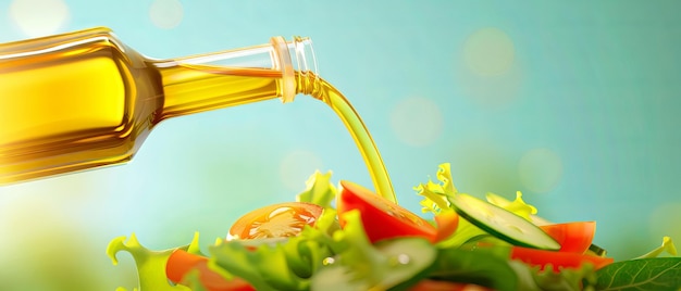 Photo fresh salad being drizzled with golden olive oil highlighting healthy eating with vibrant vegetables on a sunny background