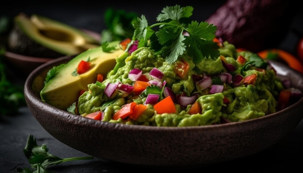 Fresh salad bowl with organic vegetables avocado and cilantro garnish generated by AI