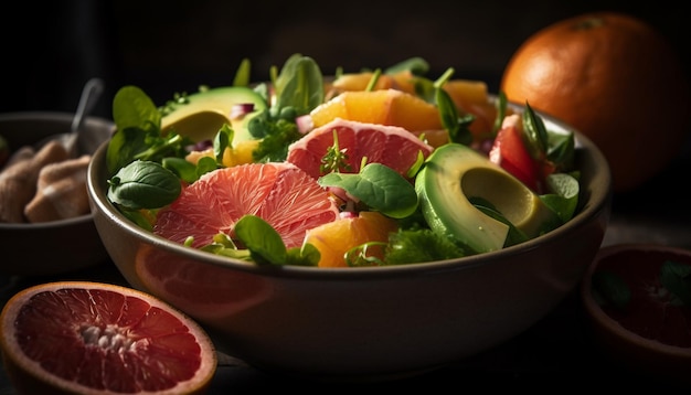 Fresh salad bowl with organic veggies and citrus generated by AI