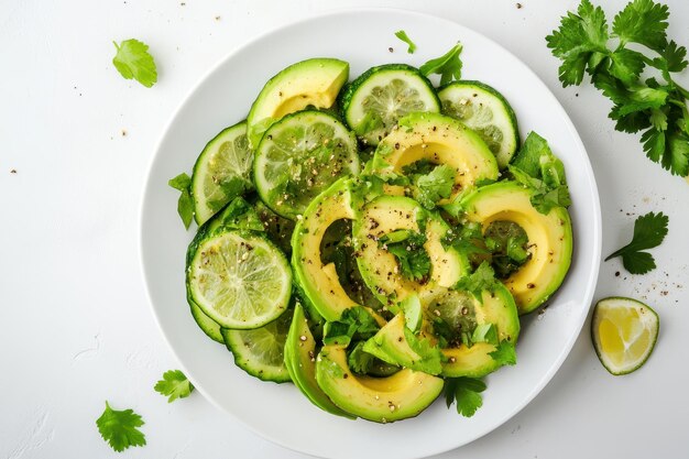 A fresh salad featuring sliced avocado lime and cilantro perfect for healthy meals and vibrant presentations