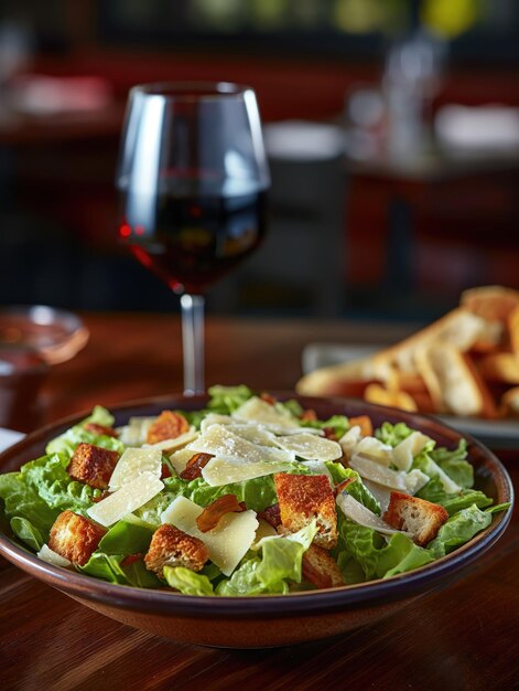 Fresh salad and a glass of drink on a table