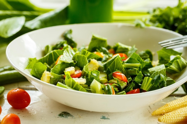 Fresh salad and green smoothies