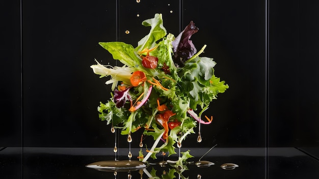 Photo fresh salad leaves jumping in the air with drops of dressing