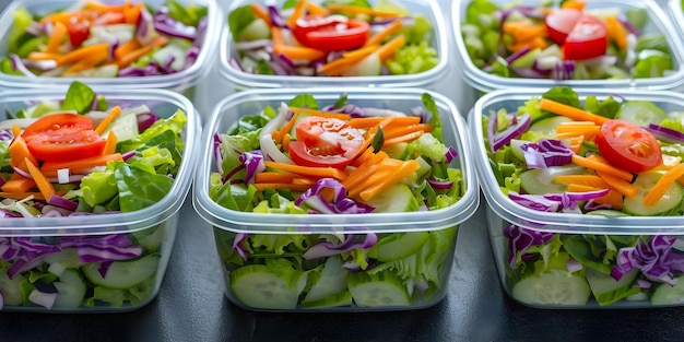 Fresh Salad Lunch Boxes Overhead Shot in Plastic Packaging Concept Food Photography Healthy Eating Meal Prep Lunch Ideas Plastic Packaging