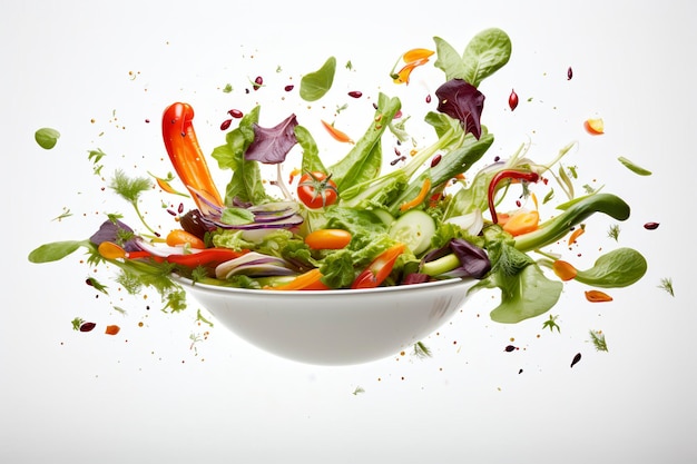 Fresh salad mix with colorful vegetables and greens captured in midair against a white background fo