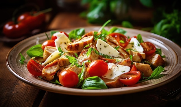 Fresh salad with chicken breast arugula avocado and tomato