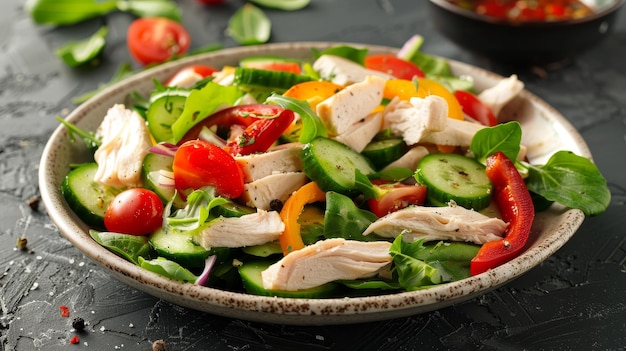 Photo fresh salad with chicken cherry tomatoes cucumber and bell peppers a healthy meal option