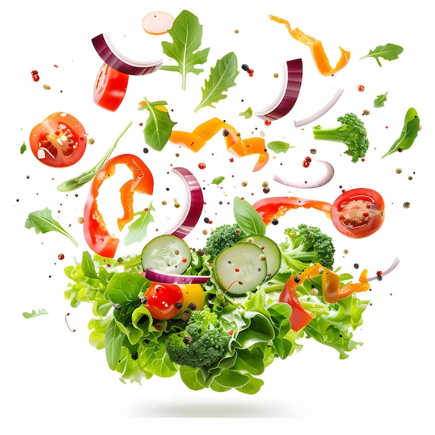 Photo fresh salad with flying vegetables ingredients isolated on a white background