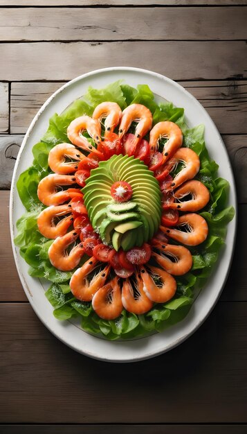 A fresh salad with prawns avocado tomato and ruccola