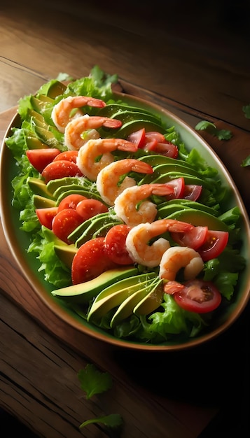 A fresh salad with prawns avocado tomato and ruccola