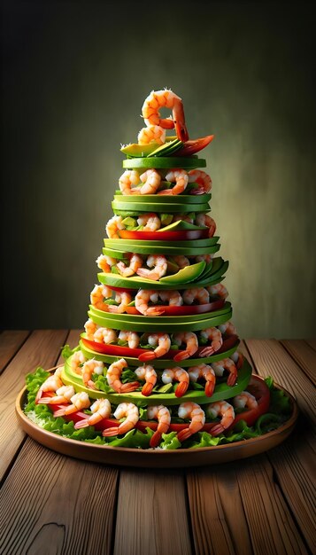 A fresh salad with prawns avocado tomato and ruccola