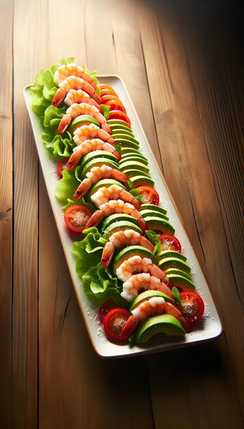 A fresh salad with prawns avocado tomato and ruccola