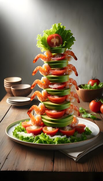 A fresh salad with prawns avocado tomato and ruccola