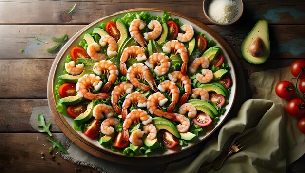 A fresh salad with prawns avocado tomato and ruccola