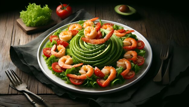 A fresh salad with prawns avocado tomato and ruccola