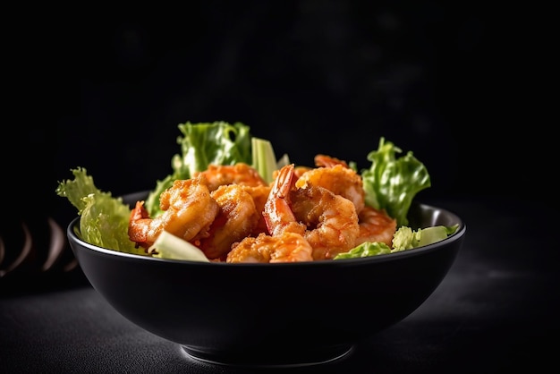 Fresh salad with shrimp avocado and herbs on a plate Generative AI