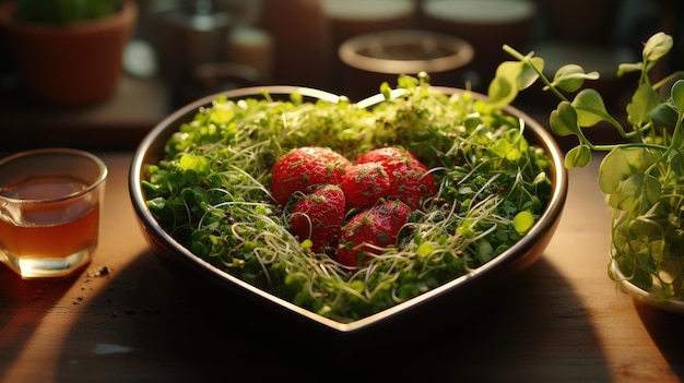 Photo fresh salad with tomato cucumber vegetables microgreen radishes in plate shape of heart on green