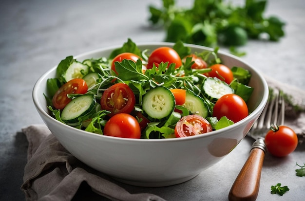 Fresh salad with tomatoes cucumbers and greens in a white bowl