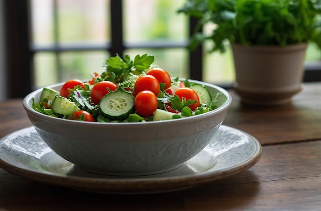 Fresh salad with tomatoes cucumbers and greens in a white bowl