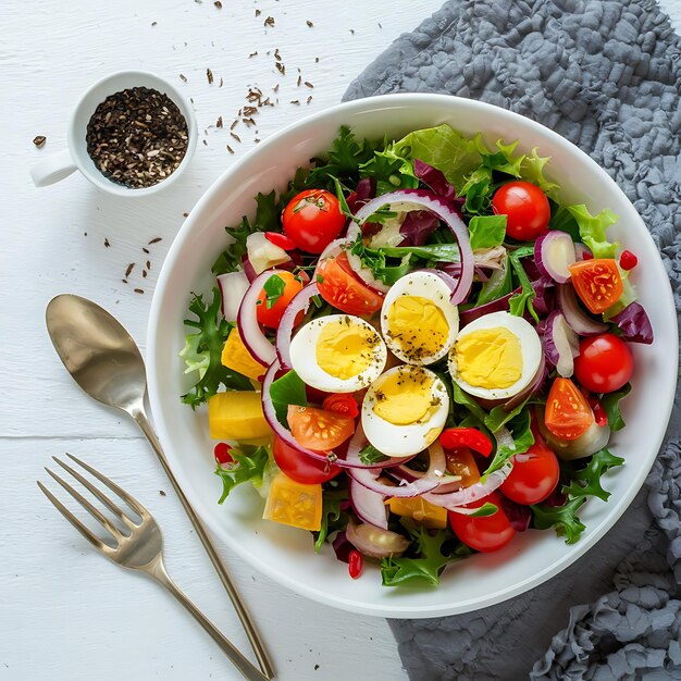 Fresh salad with vegetables tomatoes red onions lettuce and quail eggs Healthy food and diet AI Gen