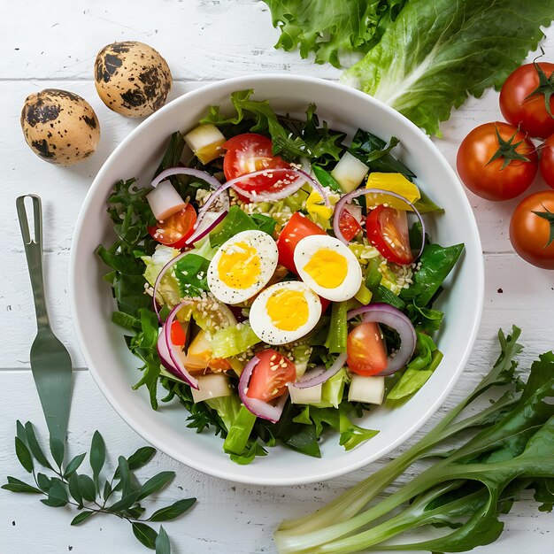 Fresh salad with vegetables tomatoes red onions lettuce and quail eggs Healthy food and diet AI Gen