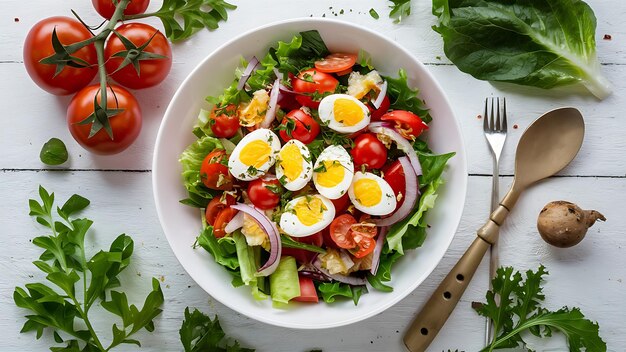 Fresh salad with vegetables tomatoes red onions lettuce and quail eggs Healthy food and diet AI Gen