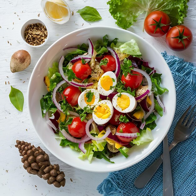 Fresh salad with vegetables tomatoes red onions lettuce and quail eggs Healthy food and diet AI Gen