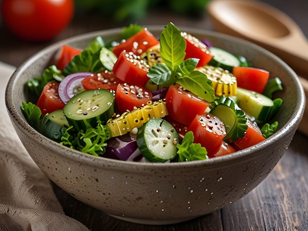 Fresh salad with vegetables tomatoes red onions lettuce and quail eggs Healthy food and diet conc