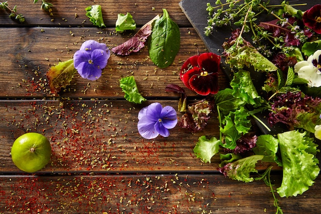 Fresh saland ingredients lettuce flowers spinach