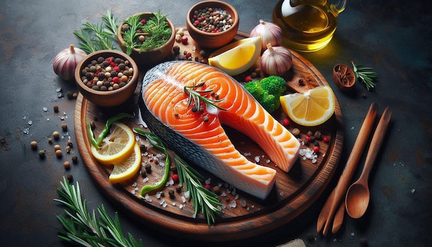 Fresh Salmon Fillet With Lemon Broccoli and Spices on a Slate Plate