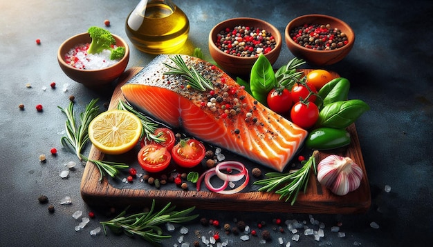 Fresh Salmon Fillet With Lemon Broccoli and Spices on a Slate Plate