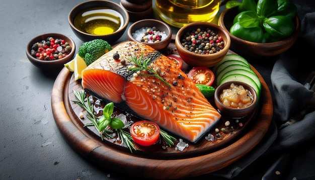 Fresh Salmon Fillet With Lemon Broccoli and Spices on a Slate Plate