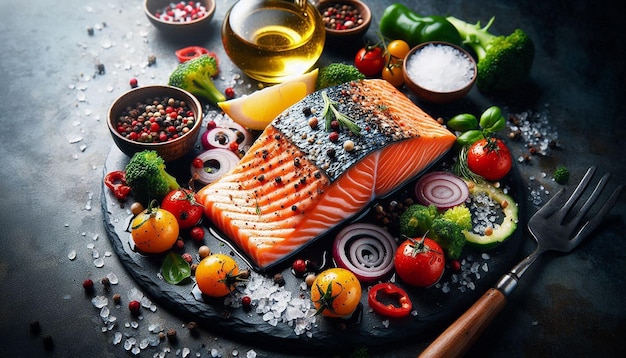 Fresh Salmon Fillet With Lemon Broccoli and Spices on a Slate Plate