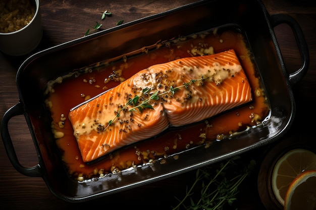 Fresh salmon fillet with lemon slices and herbs on top of it on a black plate