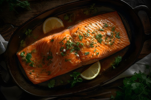 Fresh salmon fillet with lemon slices and herbs on top of it on a black plate