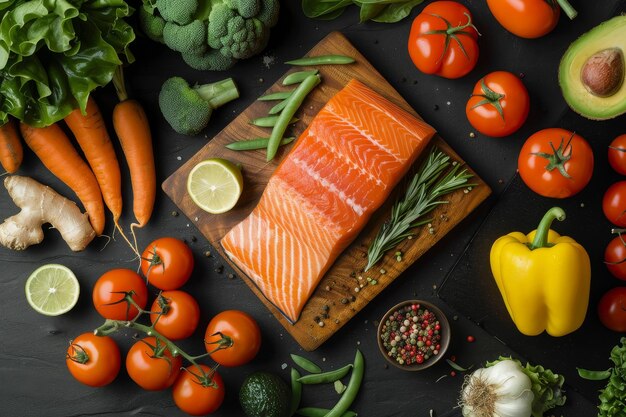 Photo fresh salmon fillet with vegetables and spices