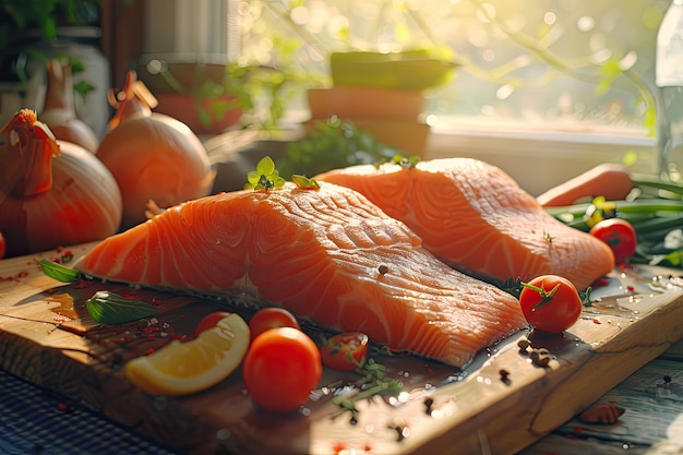 Fresh Salmon Fillets on a Cutting Board with Vegetables in a Sunlit Kitchen