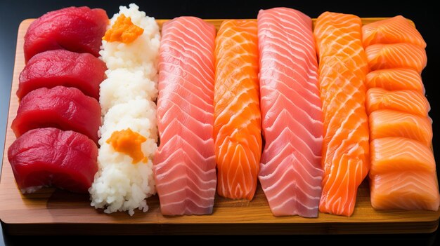 Fresh Salmon Lemon and Ginger Slices Arranged on Dish Sushi Ingredients Closeup