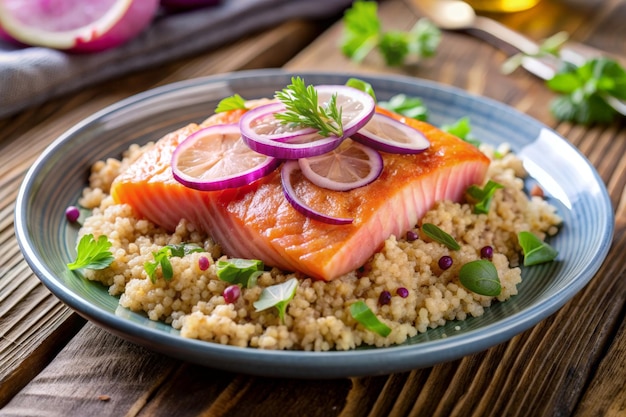 Fresh salmon on quinoa and slice of red onion