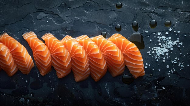 Photo fresh salmon sashimi arranged on a dark background capturing the beauty and sophistication of traditional asian culinary art